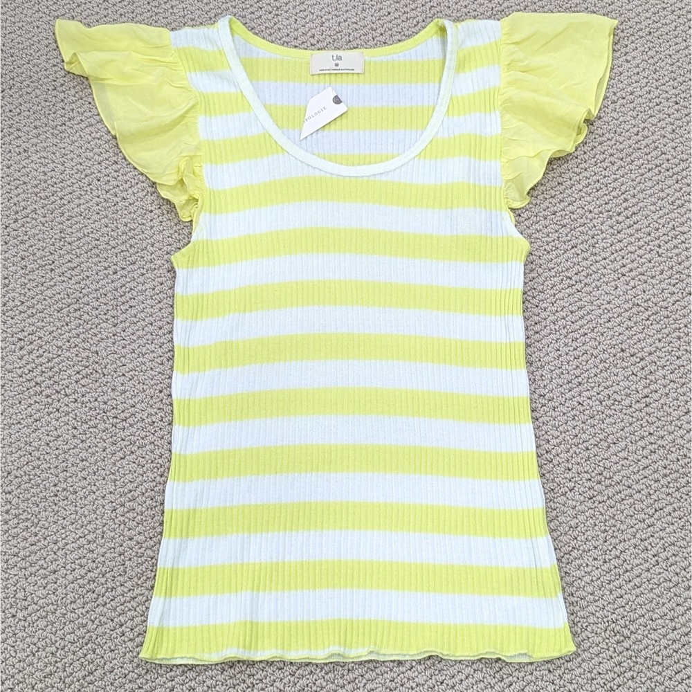 Anthropologie T.La Top Women's Med Yellow Flutter Sleeve Knit Ribbed‎ Fitted Tee